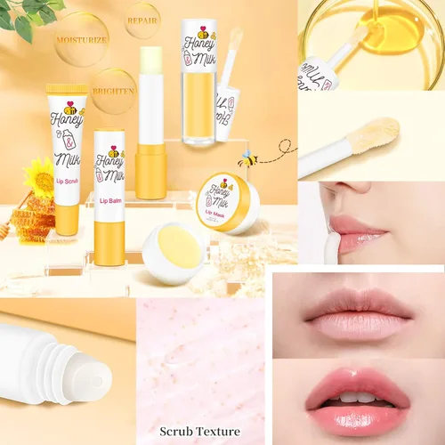 Vista 7 de Kit de cuidado de labios de 4 piezas con leche de miel, bálsamo labial, exfoliante labial, aceite de labios Hidratante y nutritiva labios secos
