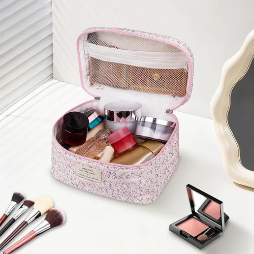 Vista 2 de Gosect Bolsa de maquillaje grande, bonita bolsa de cosméticos para mujeres y niñas, bolsa de aseo estética de coqueta floral, bolsa organizadora
