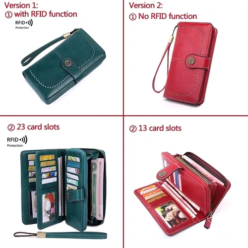 Vista 4 de SKUZA Billetera, bolsa para tarjetas, cartera de piel con bloqueo RFID, carteras de cuero para mujer, cremallera larga, bolsa de embrague