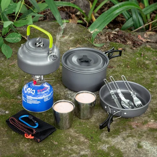 Vista 9 de Odoland Kit de utensilios de cocina para camping, olla ligera con 2 tazas, kit de cuchara de tenedor de acero inoxidable, gris para mochileros