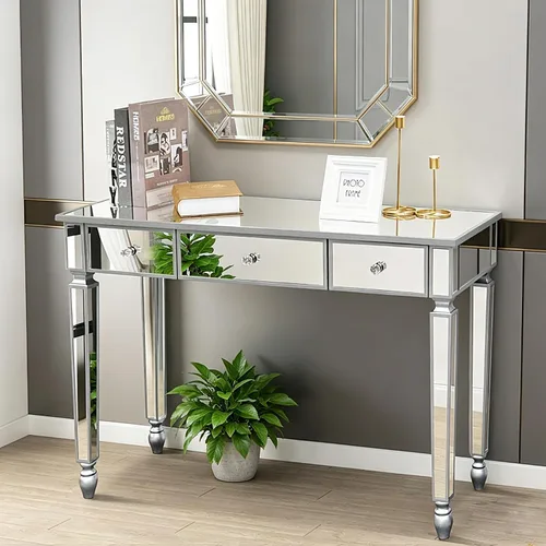 Vista 17 de Henf Escritorio de tocador con espejo para dormitorio, mesa de tocador de maquillaje, mesa de sofá con 2 cajones de diamantes sintéticos, moderno