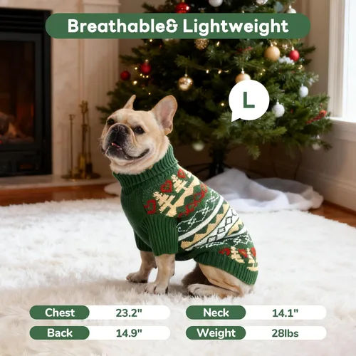 Vista 5 de PUMYPOREITY Suéter de vacaciones para perro, acogedor suéter de invierno, ajuste elástico, cuello alto, tema de Navidad para perros pequeños y Verde