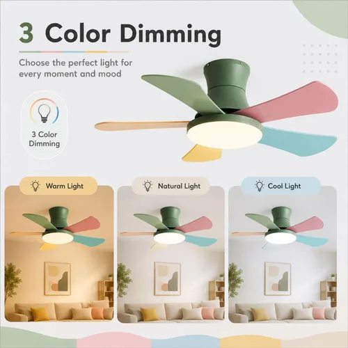 Vista 4 de Ventilador de techo de madera simple de perfil bajo con luz de 36 pulgadas, ventilador de techo LED de montaje empotrado para dormitorio
