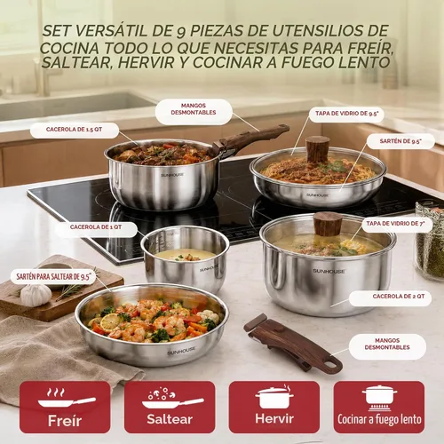 Vista 2 de SUNHOUSE 9pcs 3-Ply Clad Stainless Steel Cookware Set w/Detachable Handle