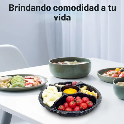 Vista 7 de 12 bandejas de frutas desechables redondas de plástico para con tapa, 5 compartimentos, platos de fiesta, recipientes divididos para aperitivos