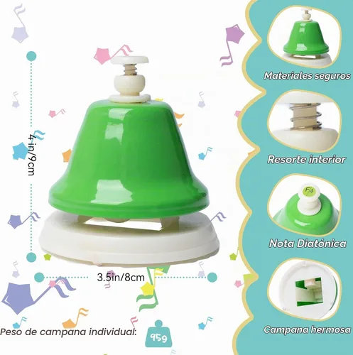 Vista 5 de Campanas de Escritorio, Campanas de Mano Diatónicas Arcoíris para Niños con 17 Libros de Canciones y Tarjetas Musicales Flash, Juguetes