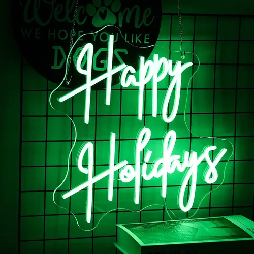 Vista 2 de Letrero de neón con texto en inglés "Happy Holidays", regulable, luz de neón LED verde, alimentada por USB, para dormitorio universitario