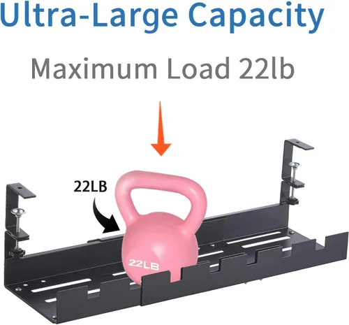 Vista 3 de Bandeja extensible para organizar cables debajo del escritorio, carga máxima de 22 libras, montaje de abrazadera, metal súper resistente, sin