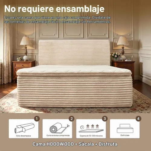 Vista 3 de Base de cama matrimonial sin hueso con cabecera de colchón, cama sin Beige