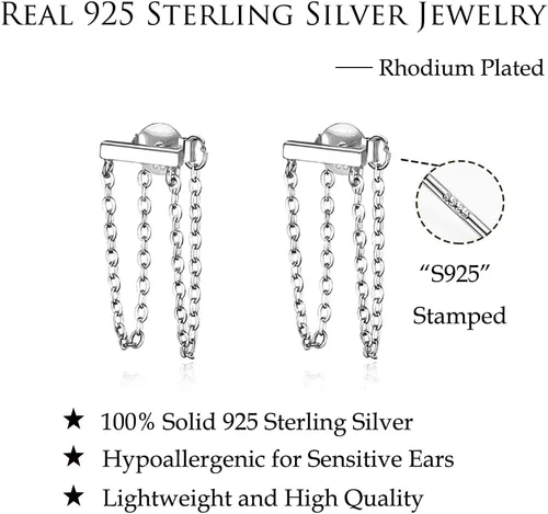 Vista 6 de Reffeer Solid 925 Sterling Silver Bar Tassel Chain Drop Earrings for Women Teens Bar Drop Earrings Minimalist Studs