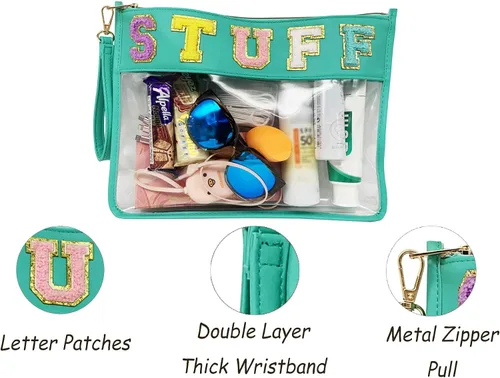 Vista 3 de TopTTanBo Bolsa transparente de chenilla con letras, multiusos, transparente, impermeable, para aperitivos, maquillaje, con correa para la muñeca