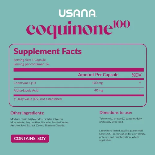 Vista 2 de USANA CoQuinone 100 CoQ10 CoQ10 Coenzima Q10 Suplemento con ácido alfa-lipoico para apoyar la salud cardíaca* - 56 cápsulas blandas - Suministro