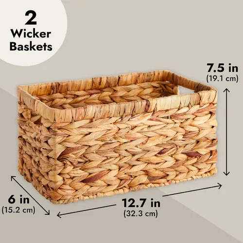 Vista 4 de Juvale Cesta rectangular pequeña de mimbre, cesta de jacinto de agua tejida a mano, se adapta a estantes de almacenamiento estándar, paquete de 2