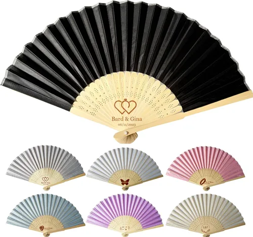 Vista 7 de Abanicos de mano personalizados a granel ventiladores de seda personalizados con grabado en el mango, regalos de fiesta, abanicos plegables vienen