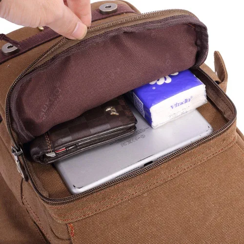Vista 8 de Bolso de mensajero de lona vintage para hombre, bolso de mensajero de retazos de cuero en el pecho