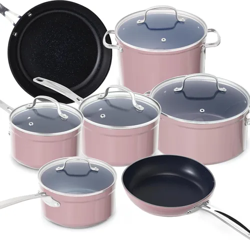Vista 25 de Nuwave - Juego de 12 utensilios de cocina forjados y ligeros, revestimiento ultra antiadherente de cerámica Duralon G10 saludable, tapas de vidrio