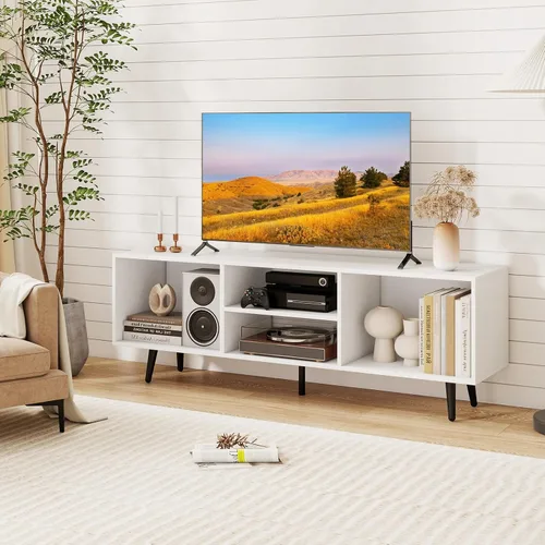 Vista 9 de Giantex Moderno soporte de TV para televisores de hasta 55 pulgadas, centro de entretenimiento de TV con almacenamiento, estantes abiertos y 5 patas