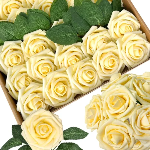 Vista 31 de 25 piezas Flores Artificiales de Espuma Rosas Falsas con Tallos 8 Hojas Rosas Sintéticas de Aspecto Real para Ramos de Boda Centros de Mesa de Negro