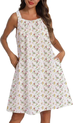 Vista 19 de YOZLY - Camisones de algodón sin mangas para mujer, camisón de tanque de noche con bolsillos A-Solid Blanco
