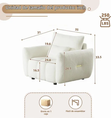 Vista 2 de Antetek - Sofá individual moderno de 35 pulgadas, cómodo asiento profundo de tela de peluche, silla de sala de estar, sofá de lectura Boucle de ocio
