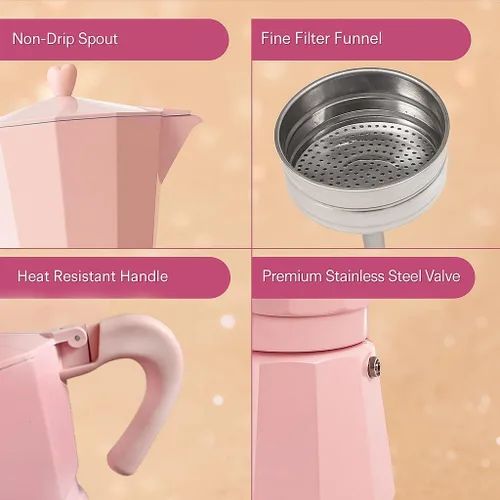 Vista 6 de HARIRA Cafetera de 9 tazas de café de estilo italiano y cubano, cafetera de aluminio duradera con mango ergonómico, rica infusión aromática
