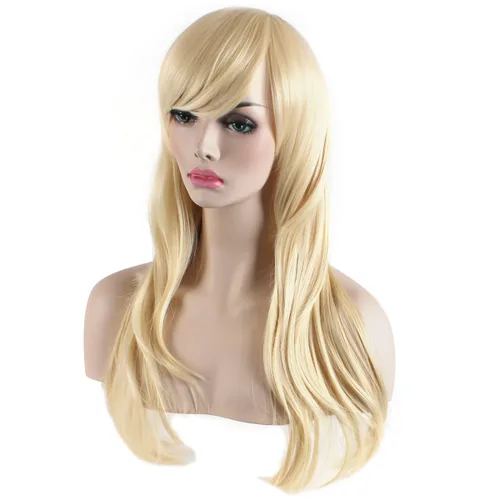 Vista 4 de Peluca de cosplay para mujeres con gorra, peluca de 28in largo y ondulado resistente al calor de AKStor, Dorado