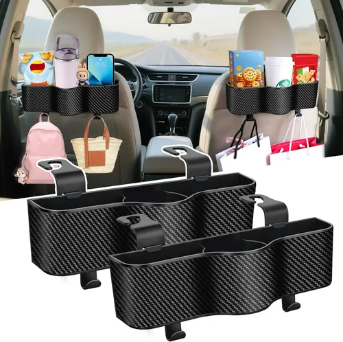 Vista 7 de Organizador de asiento trasero para automóvil con portavasos – Organizador multifuncional para asiento trasero con dos ganchos de asiento, se adapta