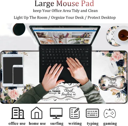Vista 4 de Combo de alfombrilla de mouse 4 en 1, alfombrilla de mouse grande para juegos + soporte de muñeca para teclado + reposamuñecas de mouse + posavasos