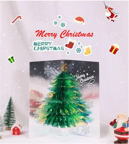 Vista 3 de Tarjeta desplegable 3D única de árbol de Navidad, tarjeta de felicitación con purpurina para árbol de Navidad, tarjeta tridimensional de cristal