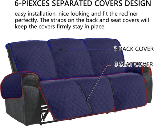 Vista 3 de HDCAXKJ Funda para sofá reclinable, 6 piezas, antideslizante, para sofás reclinables, 3 asientos, repelente al agua, para sofá de 3 plazas