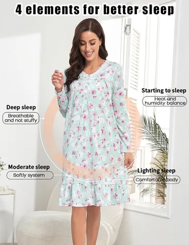 Vista 5 de MZROCR Camisones de manga larga para mujer, de algodón suave, con cuello en V, vestido de noche de encaje para mujer