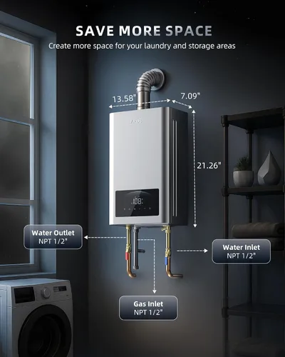 Vista 9 de APUS Calentador de agua sin depósito de gas natural 140,000 BTU para instalación en interiores hasta 6.8 GPM, agua fría cero para agua caliente