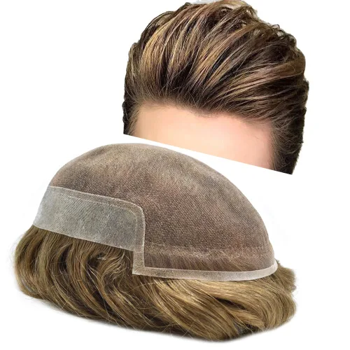 Vista 34 de Tupé de encaje suizo para hombres, piezas de cabello humano real, encaje frontal, sistema de reemplazo de cabello tipo tupé, nudo blanqueado, línea