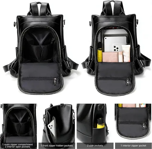 Vista 3 de Mochila de moda para mujer, mochila antirrobo de piel sintética, ligera, resistente al agua, color negro