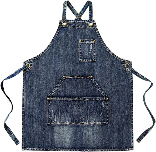 Vista 18 de Delantal Tobyan de Mezclilla de Algodón Suave - Delantal Unisex Ajustable con Babero de 5 Bolsillos Perfecto para Cocinas