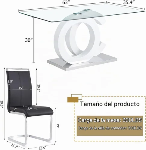 Vista 3 de Juego de mesa de comedor de vidrio Ebullient para 4, juego de mesa de comedor de 5 piezas, mesa de comedor de vidrio templado, mesa de comedor