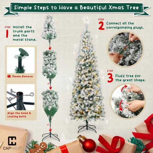 Vista 6 de Fencer Wire Árbol de Navidad Artificial Tipo Lápiz Preiluminado con Nieve Artificial de 7.5 pies con 980 puntas de ramas prearticuladas y soporte