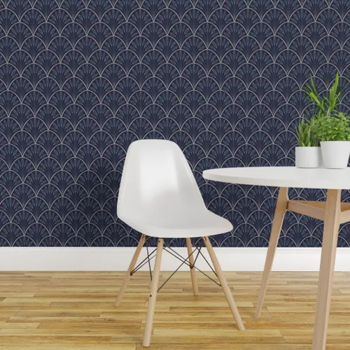 Vista 3 de Spoonflower Art Deco Leaves Pre-Pasted Removable Wallpaper Sample 12" x 24" 1920 1930S Flappers Vintage Blue Navy Water-activated, simple to