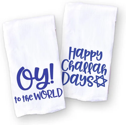 Vista 5 de Toalla de cocina divertida para las festividades judías, azul "Oy to the World" toalla judía para Hanukkah, regalo de anfitriona y para inauguración