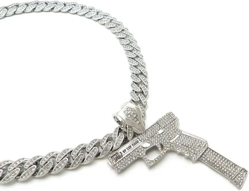 Vista 3 de Pyramid Jeweler Colgante de pistola de oro o plata para hombre Hip Hop y cadena de gargantilla cubana de Miami de 0.472in, Metal, Circonia cúbica