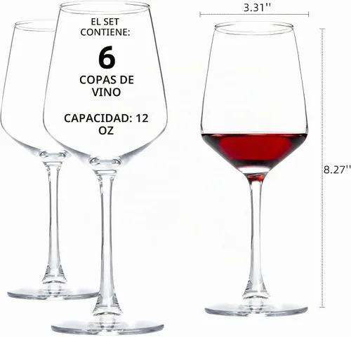 Vista 2 de Juego de 6 copas de vino transparentes de 12 onzas con tallo, aptas