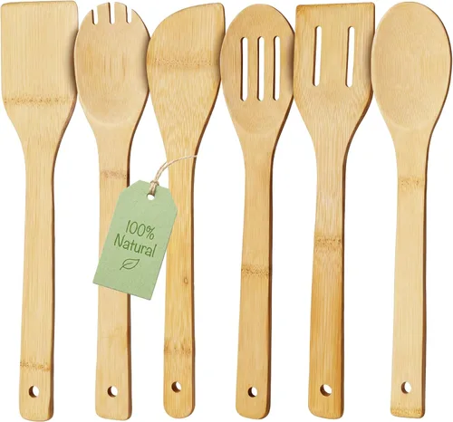 Vista 7 de HAKSEN Bamboo Wooden Spoons for Cooking 6-Piece, Nonstick Bamboo Kitchen Utensils Set Wood Spatulas Spoons for Daily Use, Housewarming Gifts
