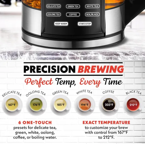Vista 2 de Gourmia Hervidor eléctrico programable de vidrio – 1.7L Control de temperatura para té y café con pantalla táctil digital, 6 ajustes