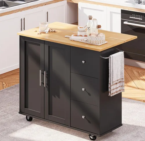 Vista 9 de SUNLEI Isla de Cocina con Carro de Almacenamiento, Carrito Rodante de Café Pequeño, Mesa de Corte de Madera, Microondas con 3 Cajones sobre Ruedas