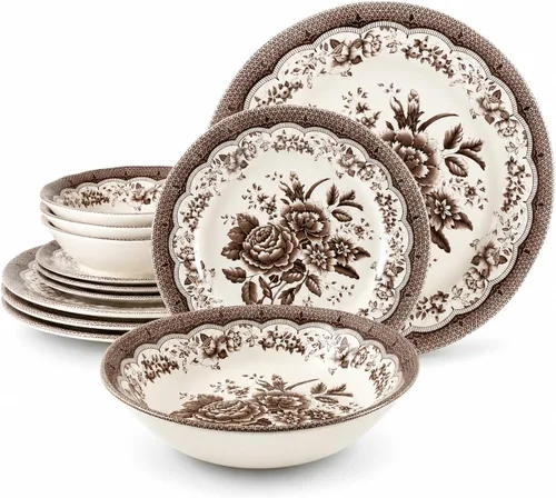 Vista 24 de TUDOR ROYAL - Juego de vajilla redonda de porcelana de 12 piezas, servicio para 4, diseño azul aster, multicolor floral, platos, tazones, tazas