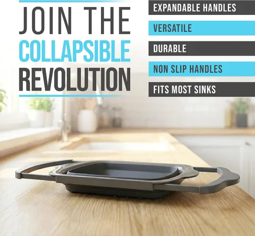 Vista 3 de Comfify Colador sobre el fregadero con asas, elegante colador de cocina de plástico negro para pasta, verduras y frutas, diseño que ahorra espacio