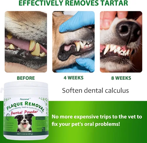 Vista 4 de Petstoral Polvo dental natural para perros, cuidado dental para perros, removedor de placa y tratamiento para el mal aliento, encías saludables