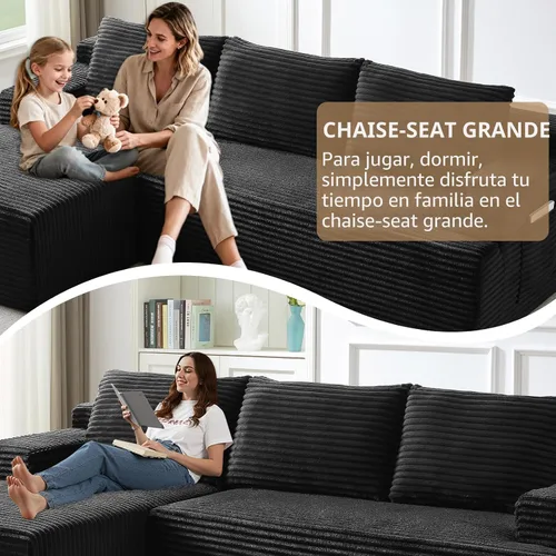 Vista 5 de Sofá seccional Cloud de 96 pulgadas, sofá deshuesado para sala de estar, sofá modular con asiento profundo, sofá de pana cómodo y esponjoso con Negro