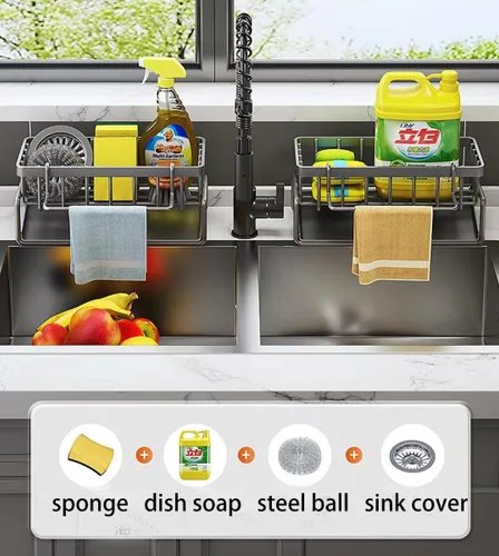 Vista 5 de Soporte de esponja de acero inoxidable para fregadero de cocina, organizador de esponja antioxidante, organizador de fregadero de cocina de baño