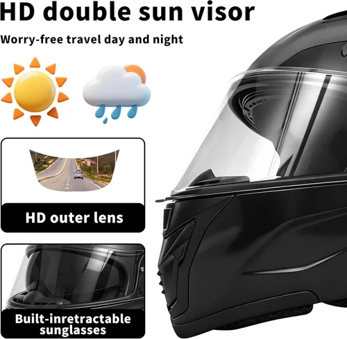 Vista 4 de Cascos modulares Bluetooth para motocicleta con luces traseras, certificado por DOT, doble visera, cascos de cara completa para hombres y mujeres